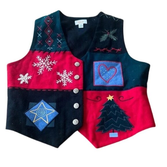 Talbots Women’s Wool Blend Holiday Vest Tree Holly Snowflake Star - Picture 1 of 4